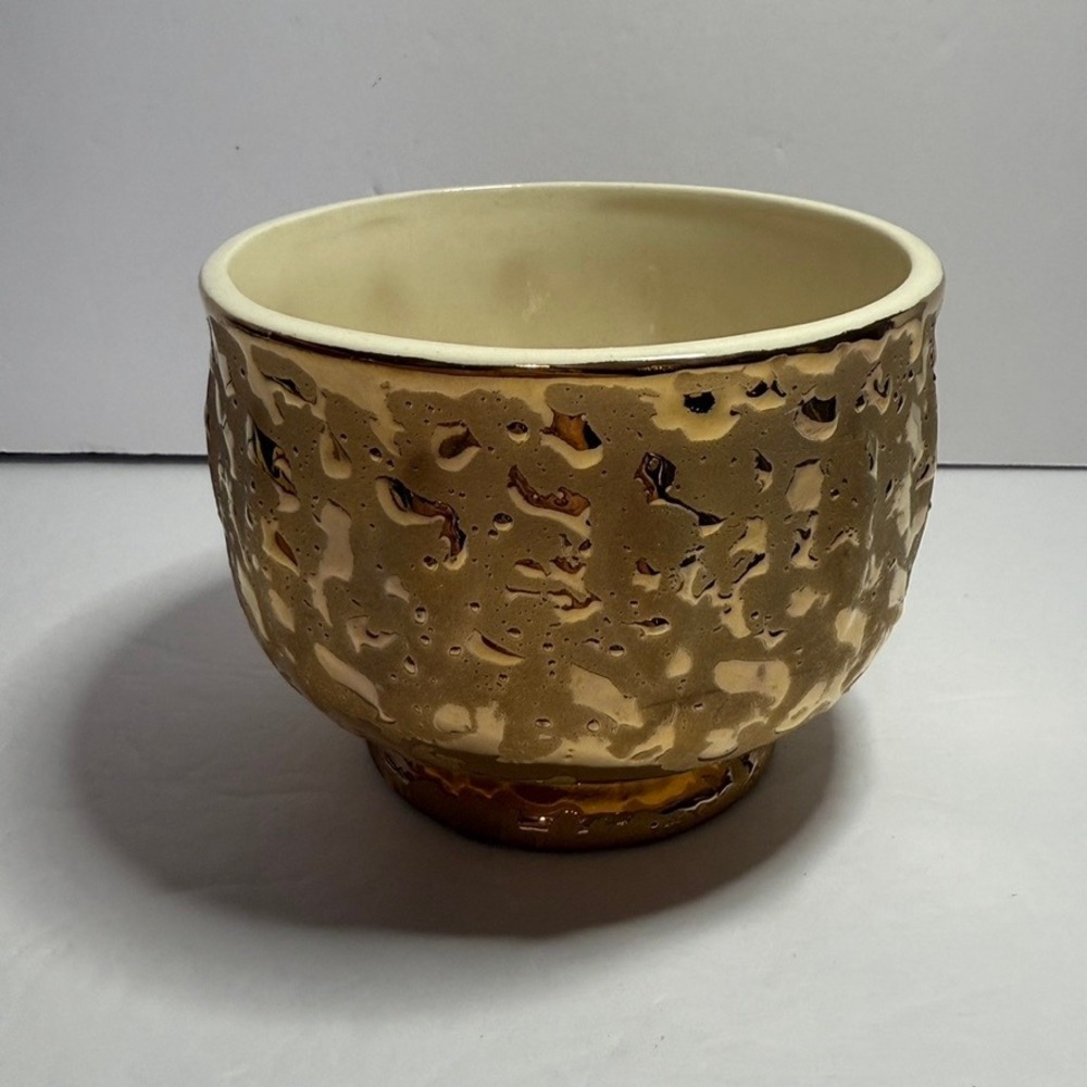 Vintage MCM 24KT Gold Planter Pot Embossed Textured Decor Accent Bowl Made USA‎